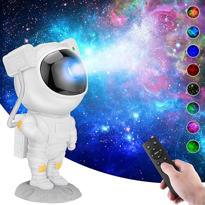 Astronaut Light Projector – 360° Galaxy Star Projector with Timer & Remote Control.
